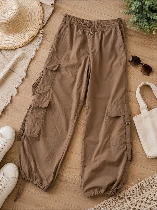 Love Tree Pants - Love Tree Brown Nylon Cargo Jogger Pants Utility Parachute Style Size Small